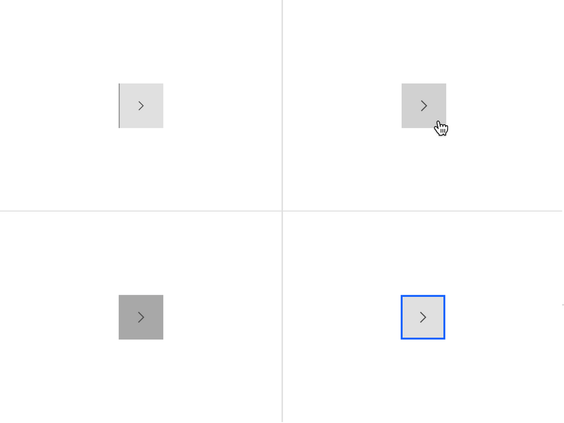 Examples of enabled, hover, active, and focus states for contained scrollable tabs.