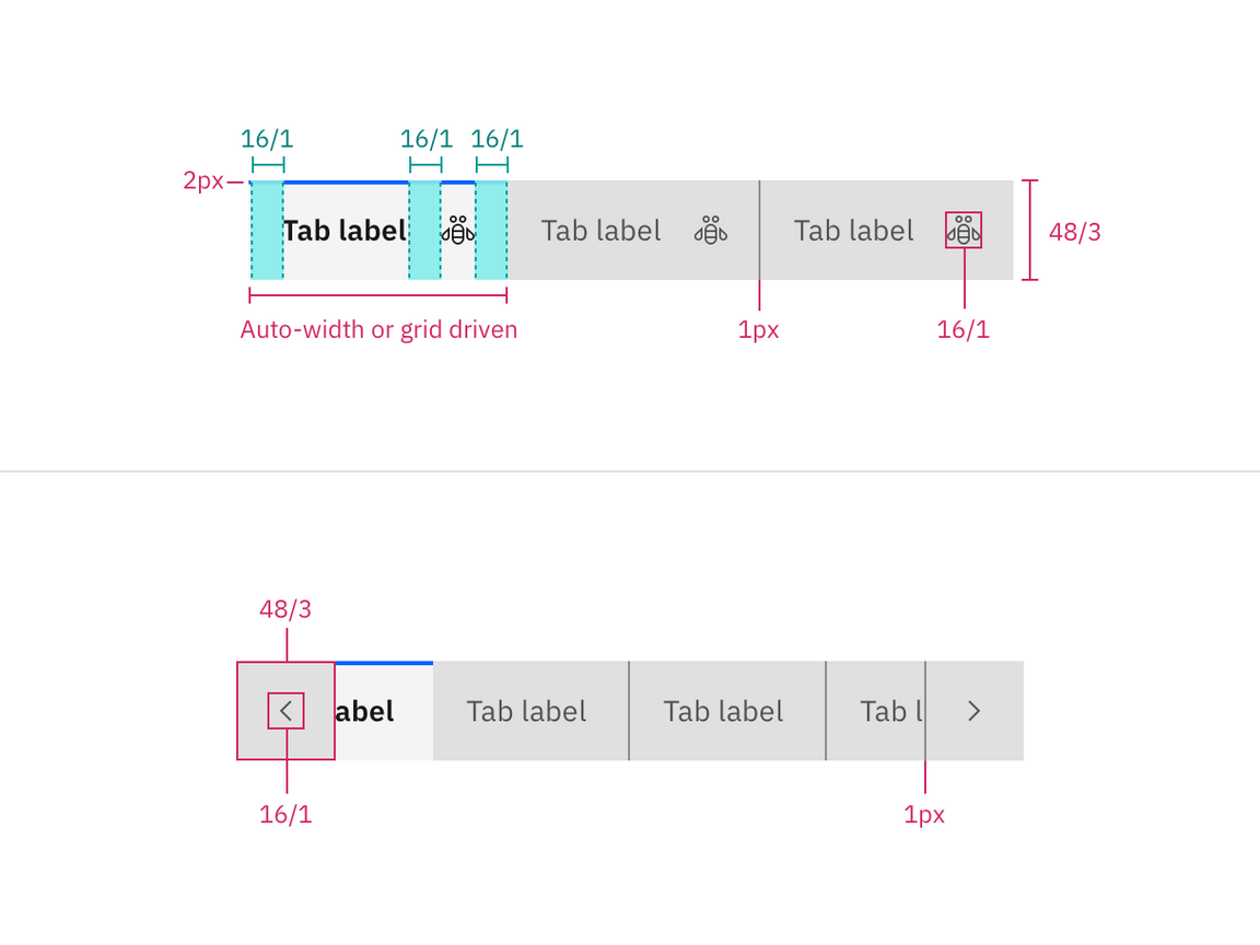 Structure and spacing measurements for line tabs in px and rem